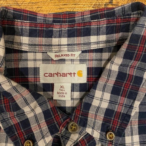 Carhartt Blue White Red Plaid Cotton Relaxed Fit Button Down Shirt Men's XL Tall - Picture 6 of 11